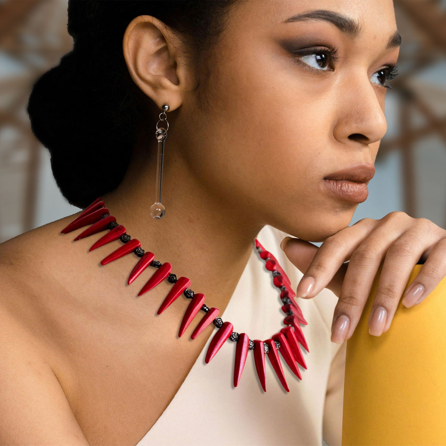 black coral necklace on model