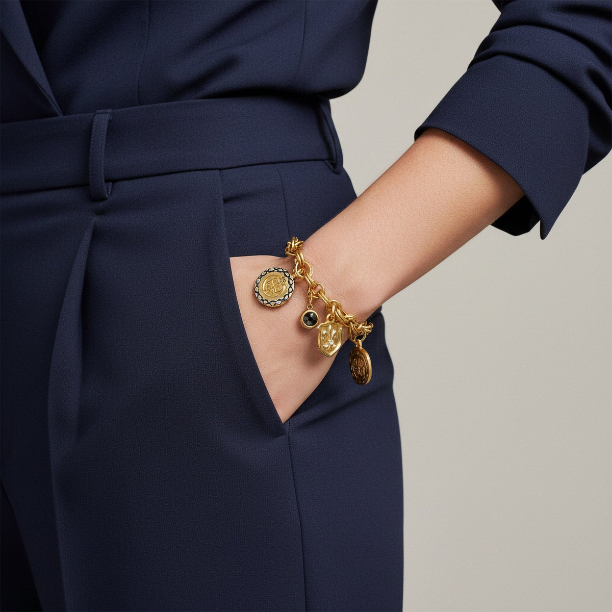 Model wearing Noir Jardin bracelet, navy outfit with rolled sleeve — Banglez Bazar