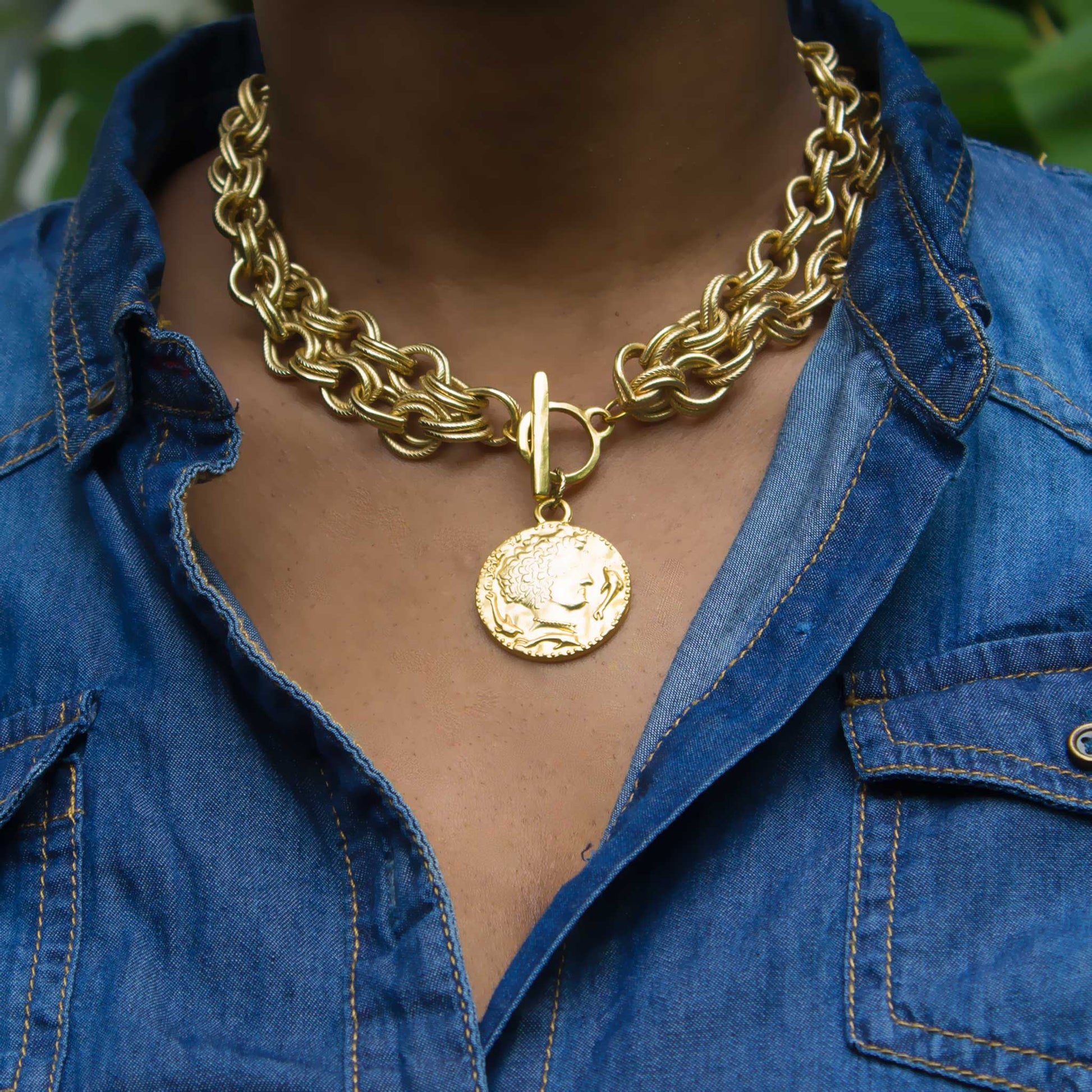 Coin Charm necklace Jewelry on model