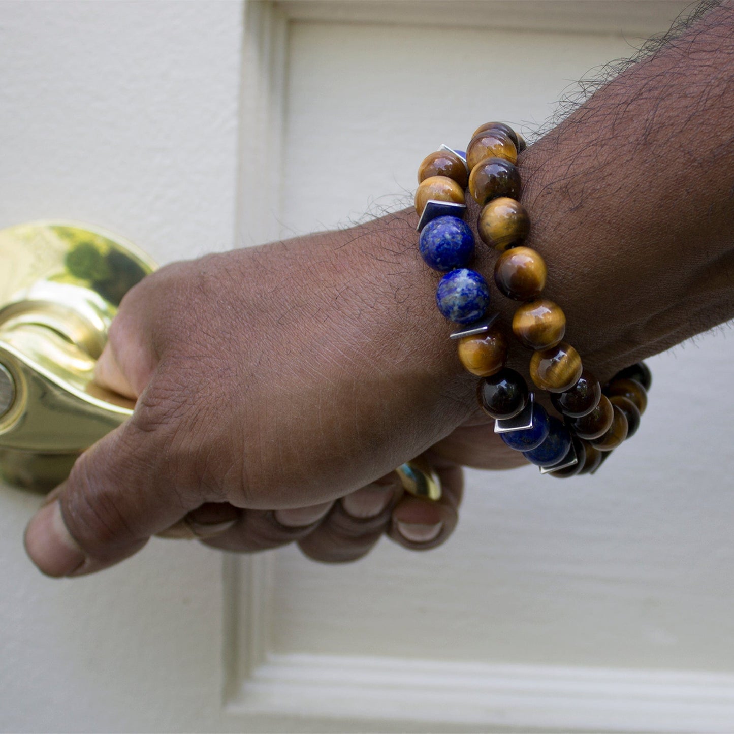 Tiger and Blue Lapis Lazuli Men's bracelets Jewelry on mode's wrist